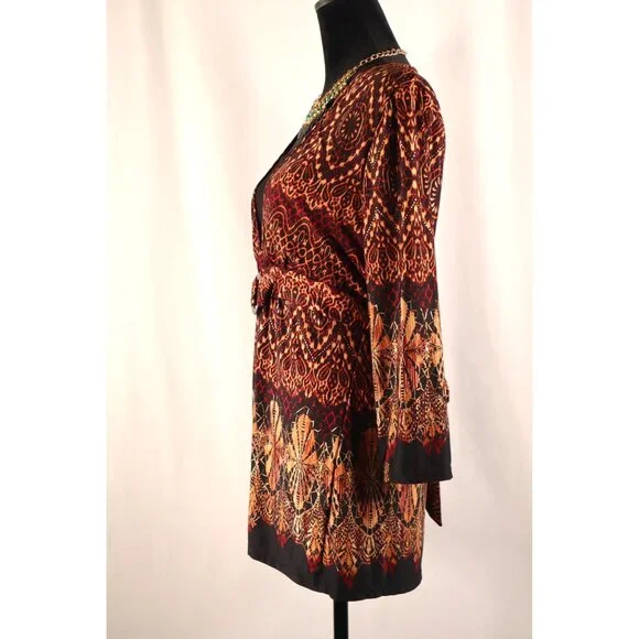 Dressbarn by women's Open Front Red & Gold Printed with Tie‎ Belt Size Medium - Picture 8 of 16